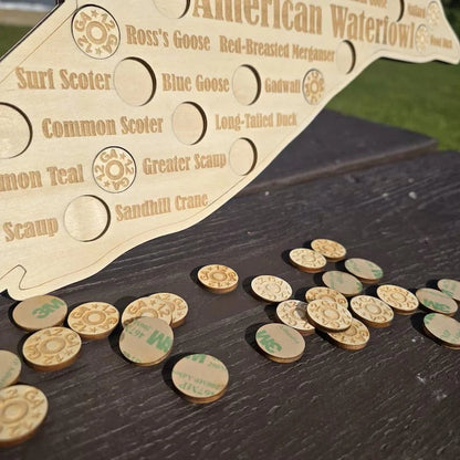 American Waterfowl Challenge Wooden Map 🦆 – Engraved 41 Species Duck Hunting Wall Decor & Harvest Tracker