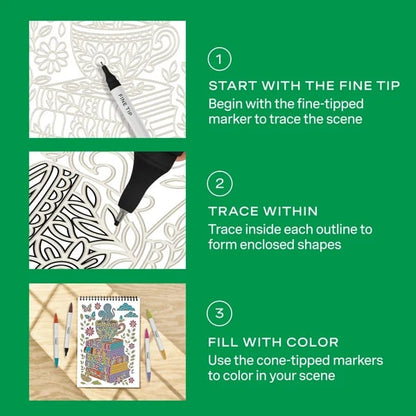 🌿 Trace-By-Groove Guided Flow Art Coloring Pad with Double-Sided Markers 🎨