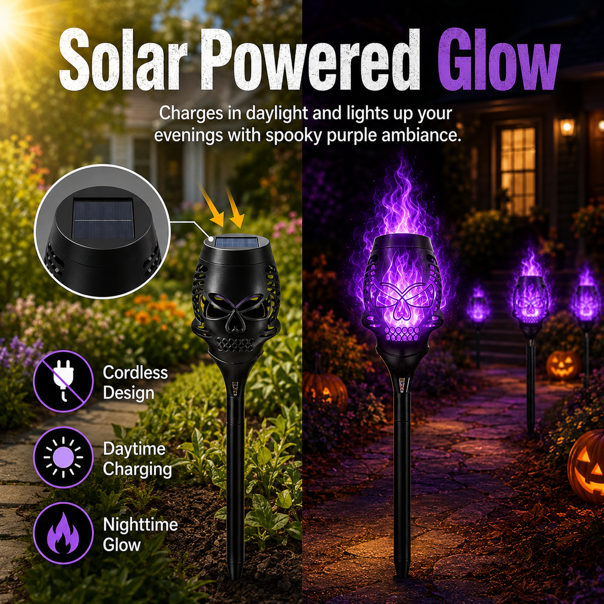 Solar panel charging a cordless purple skull flame garden light