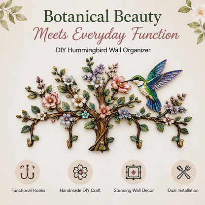 🌿 DIY Hummingbird Tree Wall Organizer Kit | 5‑Hook Wooden Wall Hanger, Botanical Art Decor for Entryway Home Craft Gift