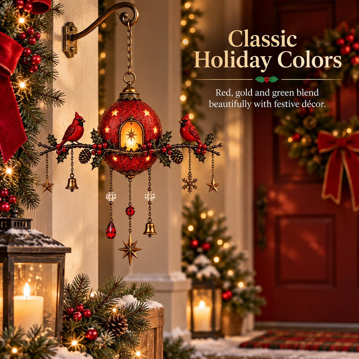 Illuminated Christmas hanging ornament with red cardinals – Festive wall decoration with warm light