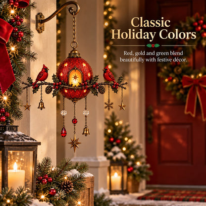 Illuminated Christmas hanging ornament with red cardinals – Festive wall decoration with warm light