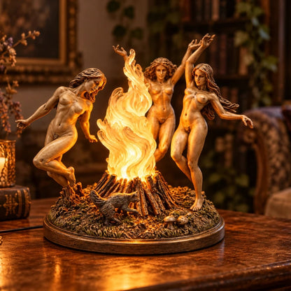 Dance of the Three Goddesses – Illuminated Sacred Fire Sculpture | Mystical Forest Fantasy Decor