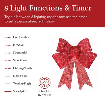 Pre-lit Christmas bow, large outdoor LED-illuminated holiday decoration with 8 lighting functions and hanging hook.