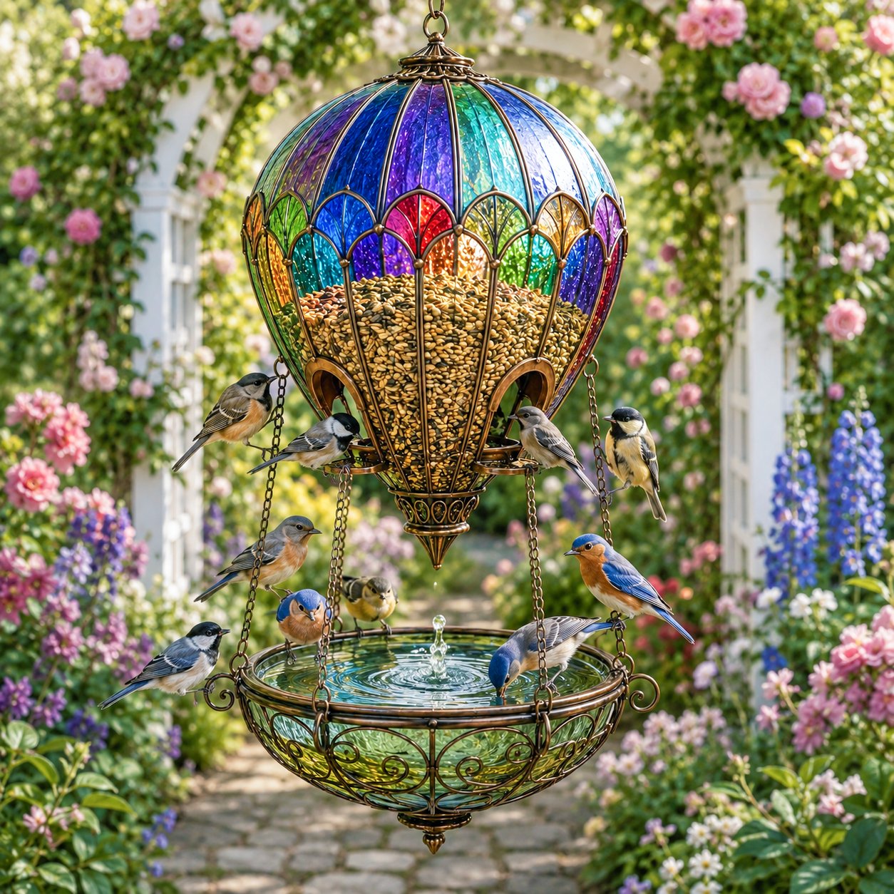 Hot air balloon garden ornament among flowers