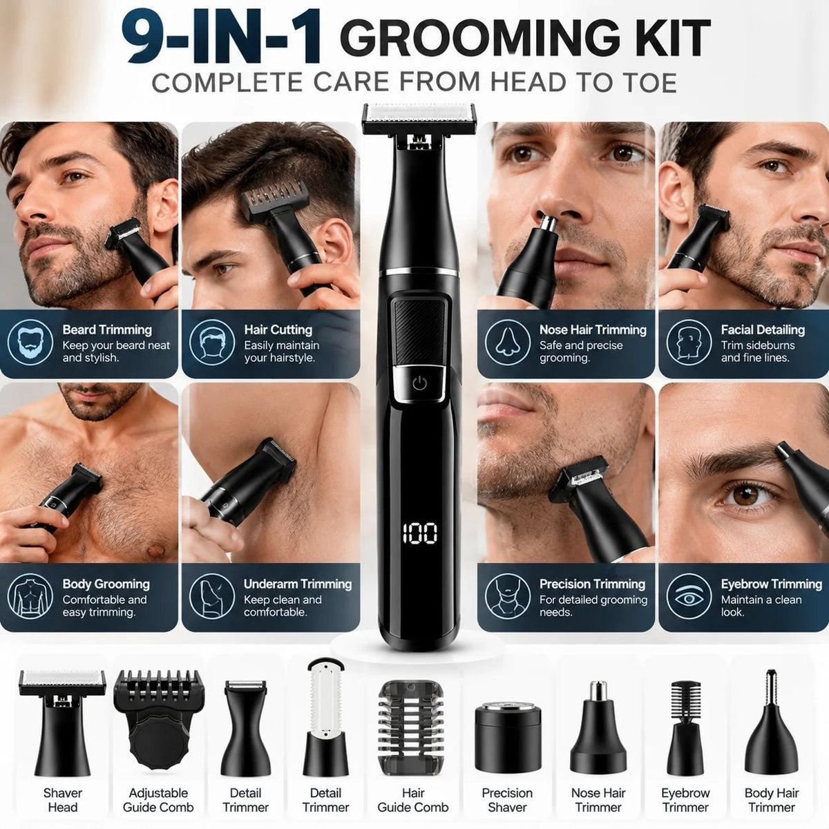 🪒 9-in-1 Electric Grooming Kit For Men – Complete Beard, Hair & Body Trimmer