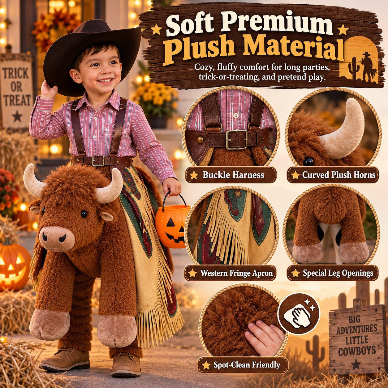 Plush Bull Rider Ride‑On Kids Costume, Adjustable Harness Toddler Halloween Outfit