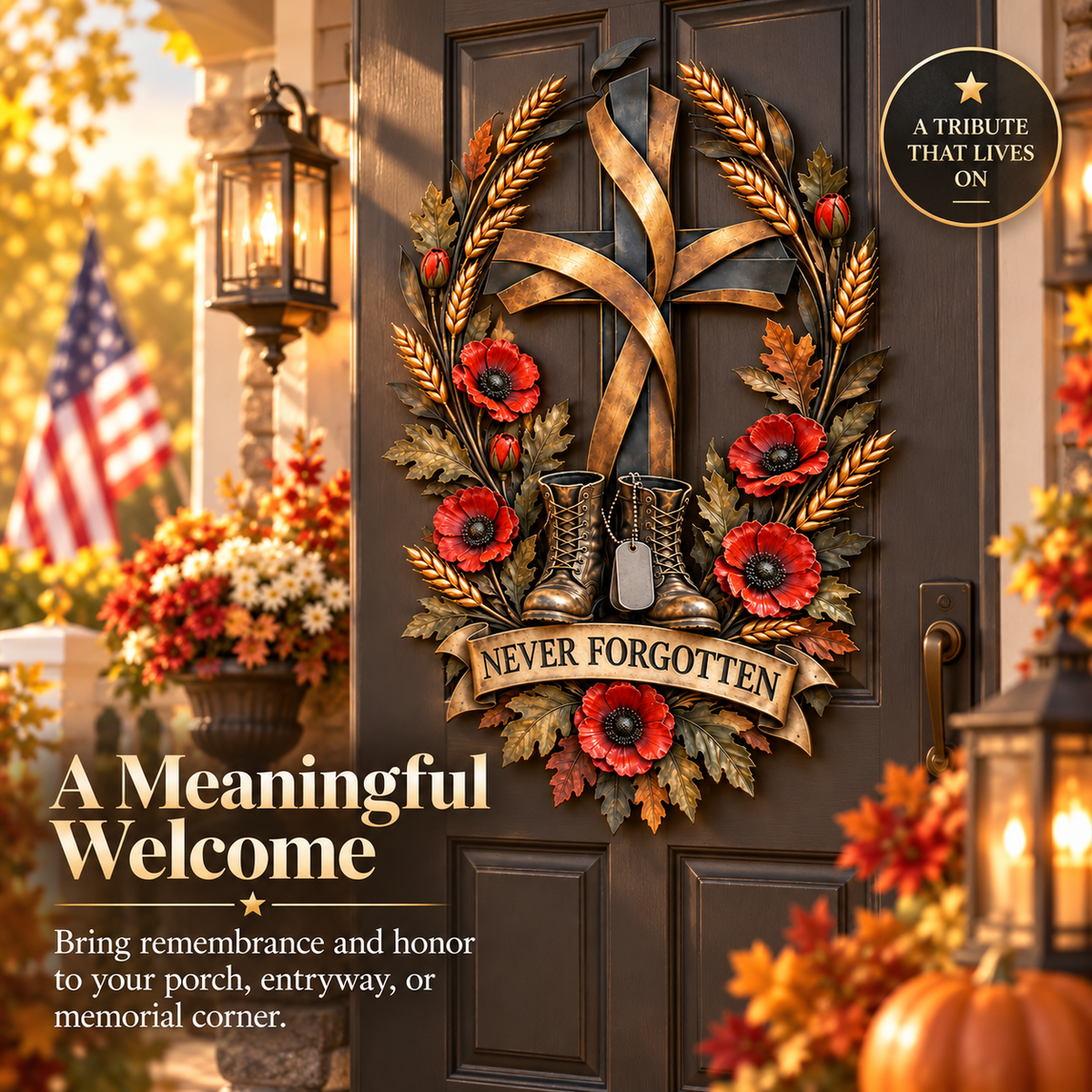 Never Forgotten Veterans Memorial Cross Door Hanging – Poppy & Boots Tribute Decor