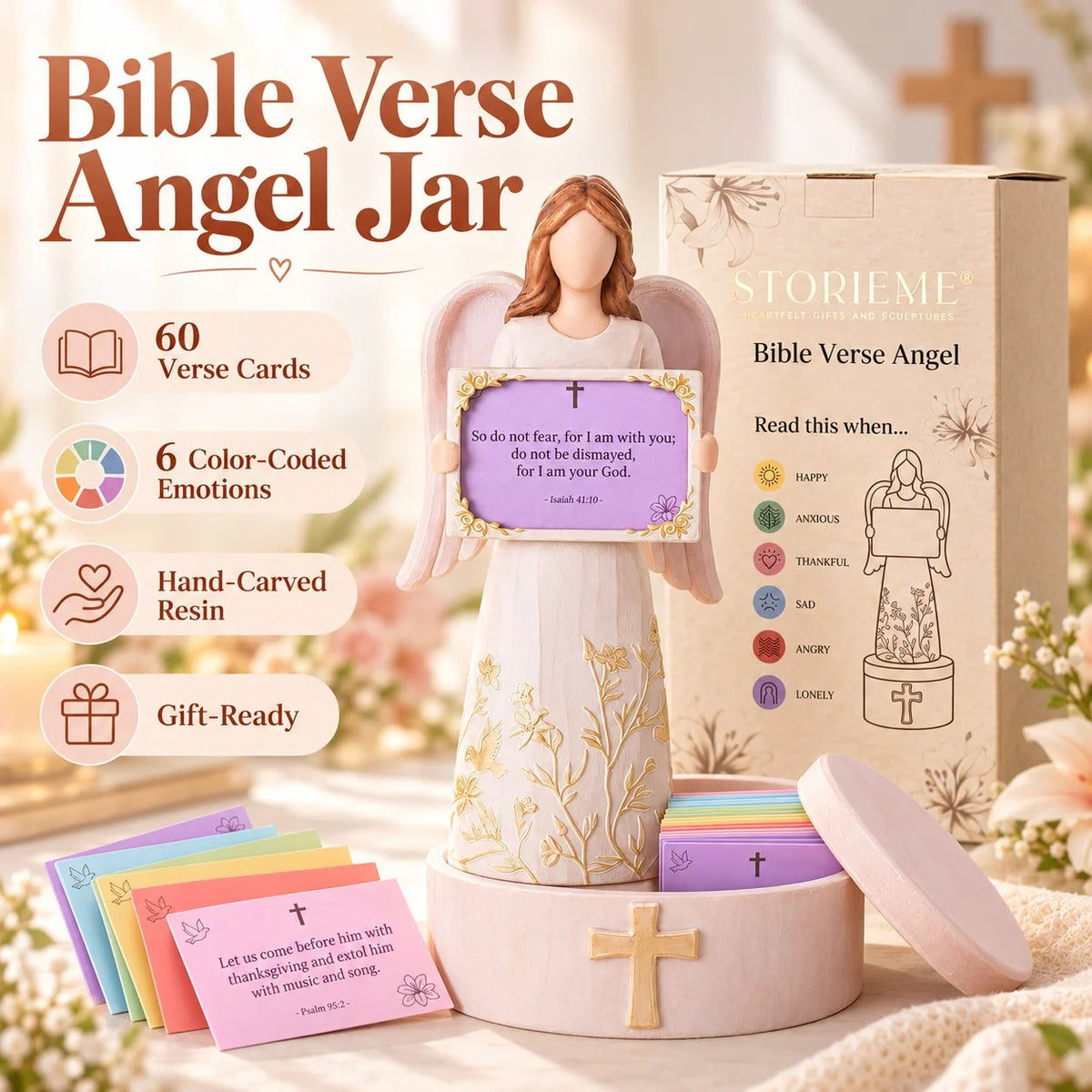 🙏✨Hand-Crafted Angel Figurine with Color-Coded Bible Verse Cards & Storage Box 🕊️