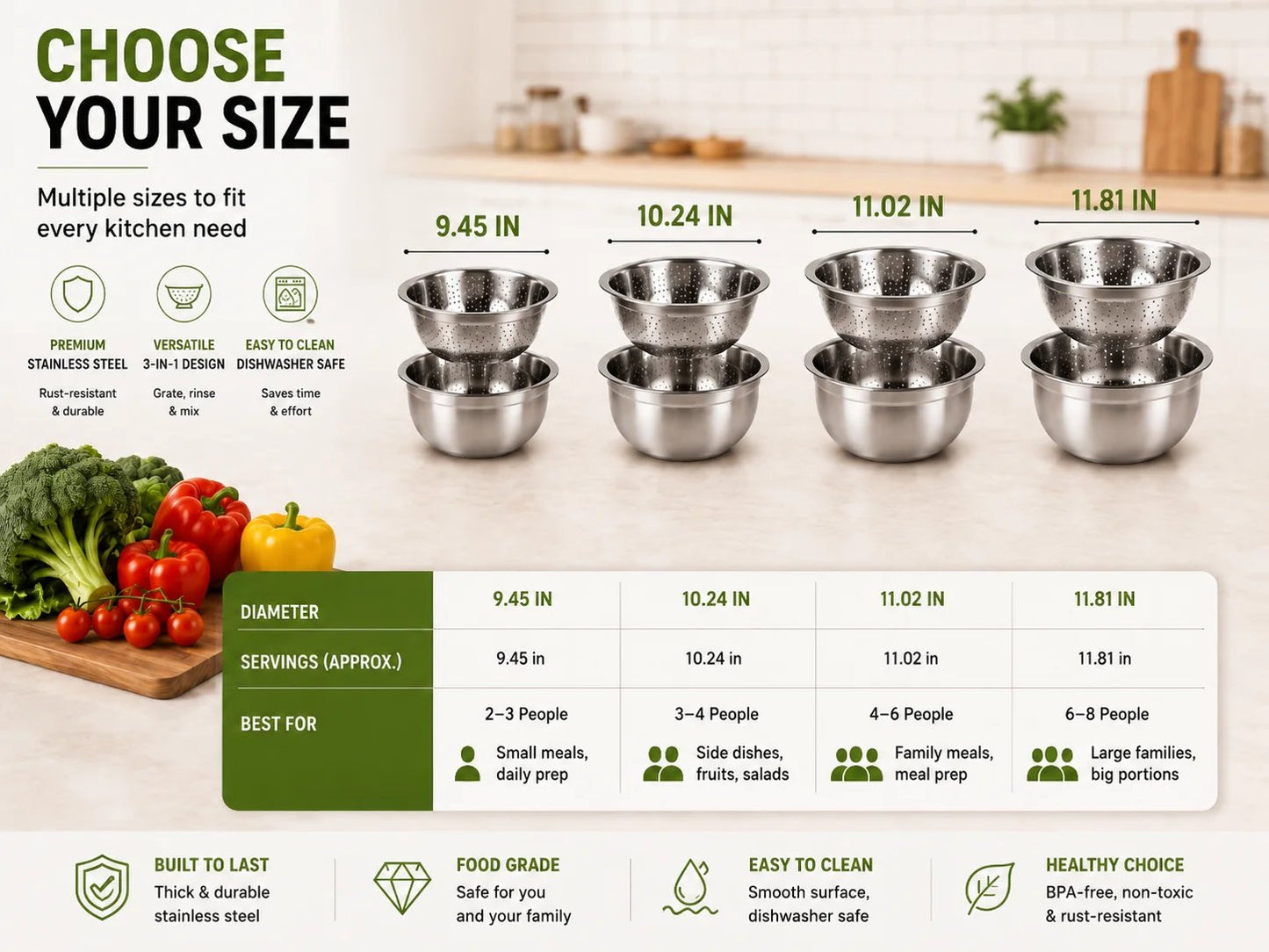 🥣✨ 3-in-1 Stainless Steel Kitchen Prep Set – Grater, Colander & Mixing Bowl