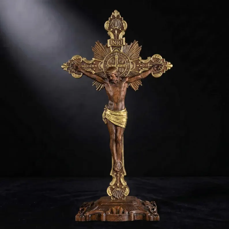 St. Benedict Exorcism Cross wood carved - Bless you and your family - craftsmanship detail