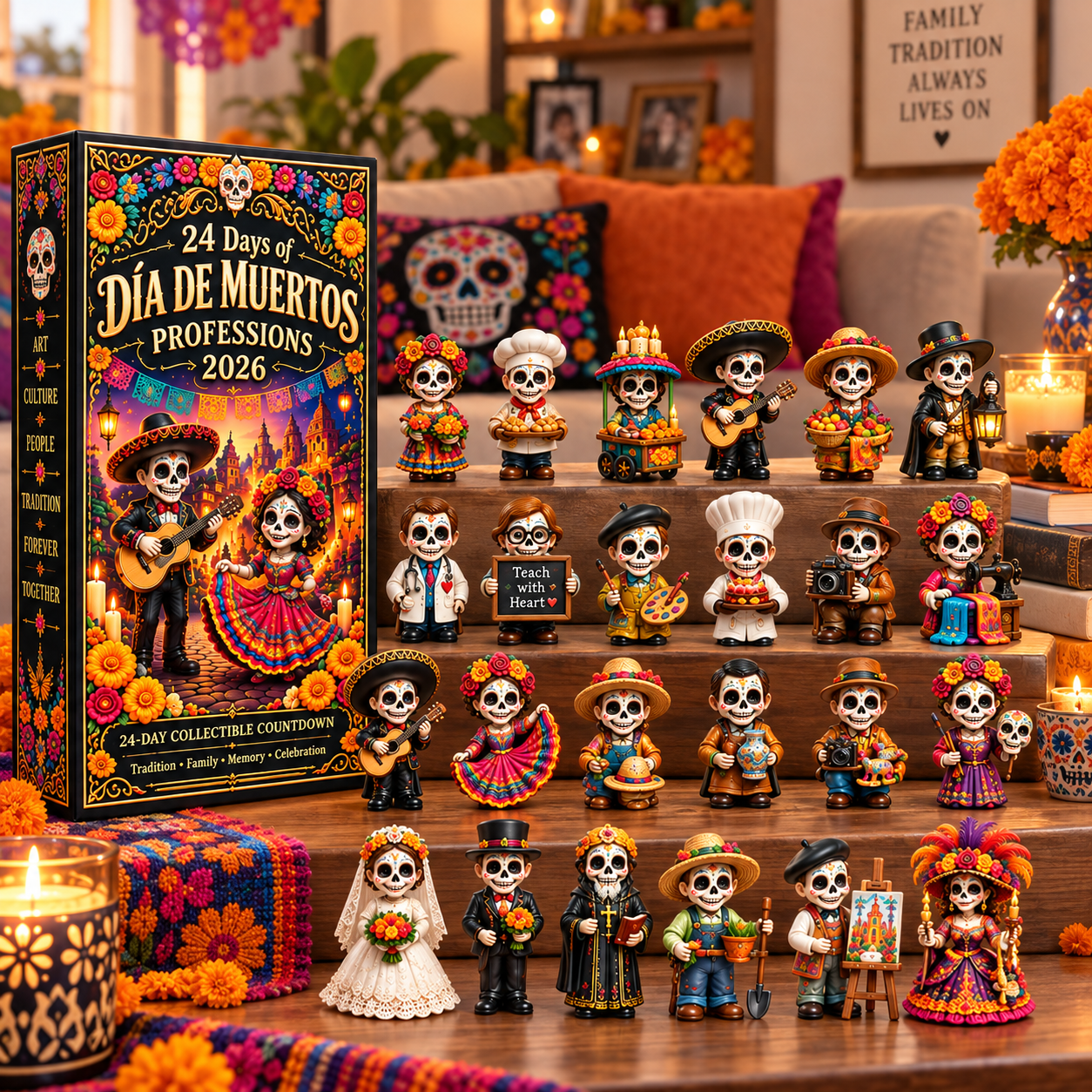 24 Days of Día de Muertos Professions 2026 – 24-Day Collectible Countdown Calendar with 24 Unique Profession Miniatures, Colorful Day of the Dead Gift Collection