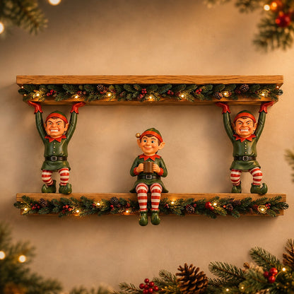 Free Shipping 🎄 Christmas Elf Shelf Décor – Whimsical 3-Elf Holiday Wall Display with Festive Garland, Pinecones & Berries