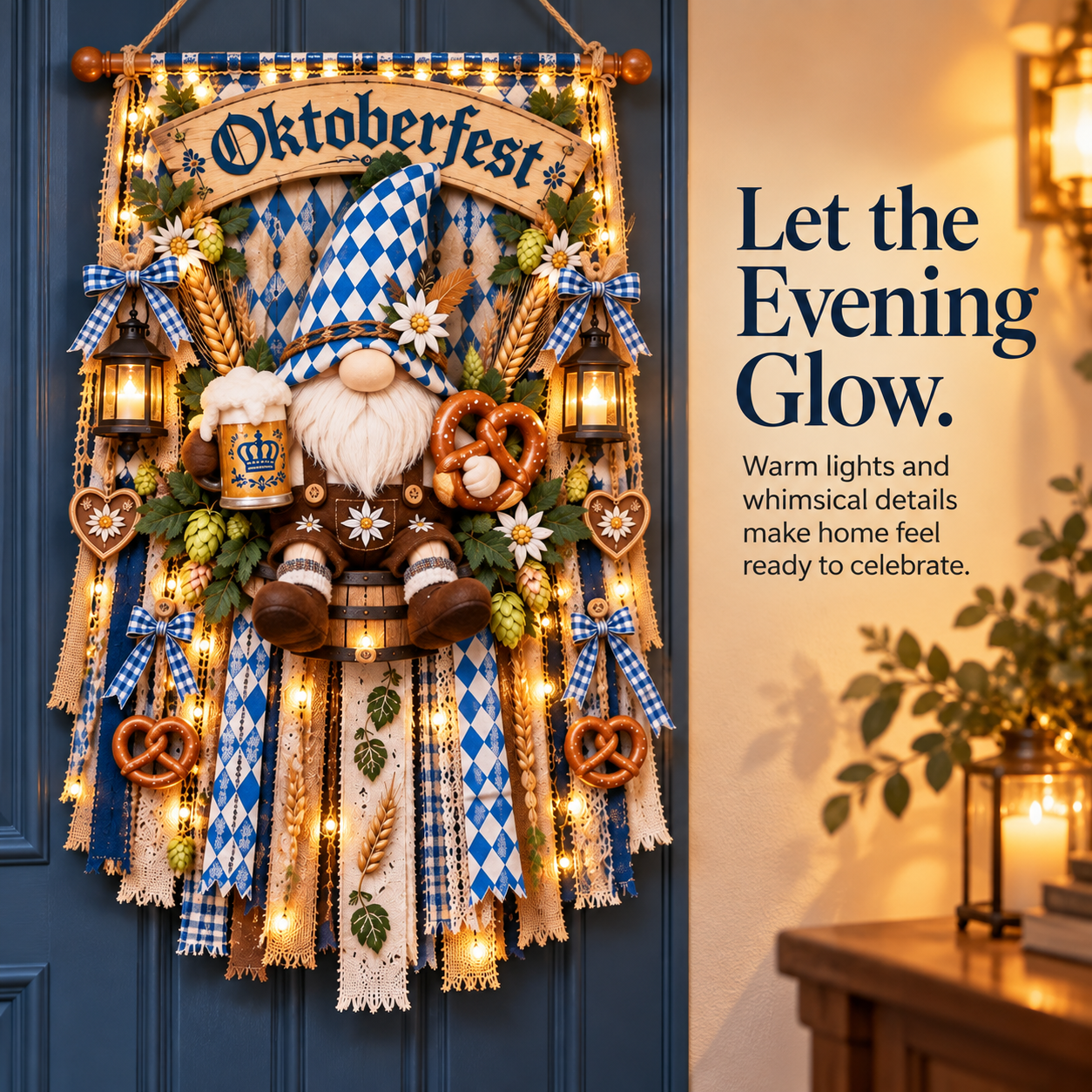 Bavarian Gnome hanging with blue-and-white patterns and warm lights