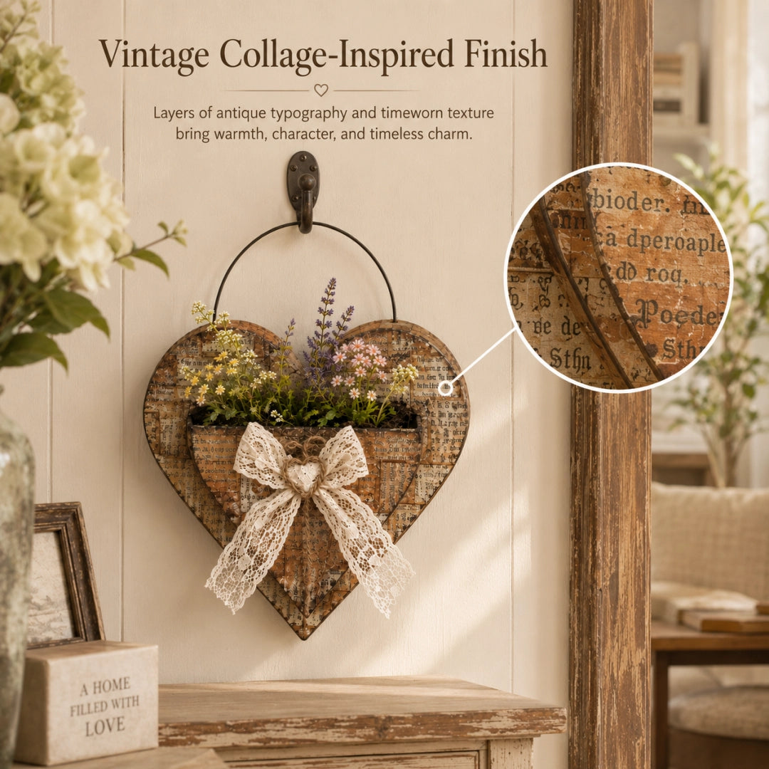 Vintage Farmhouse Heart Wall Planter with Lace Bow