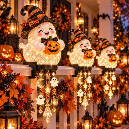 🎃 Halloween-Kaskadenlichter für Veranda & Geländer – Kürbis, Hexe, Geist & schwarze Katze
