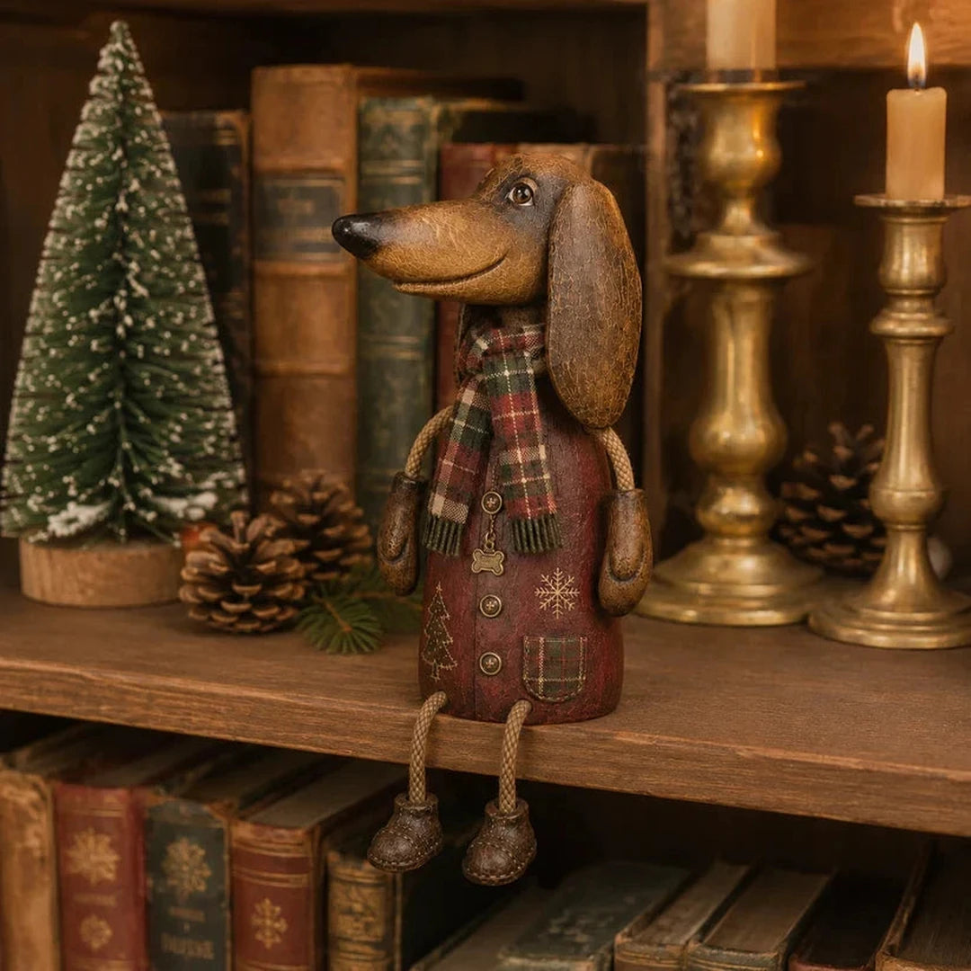 Vintage Christmas Dachshund Shelf Sitter styled on a holiday bookshelf
