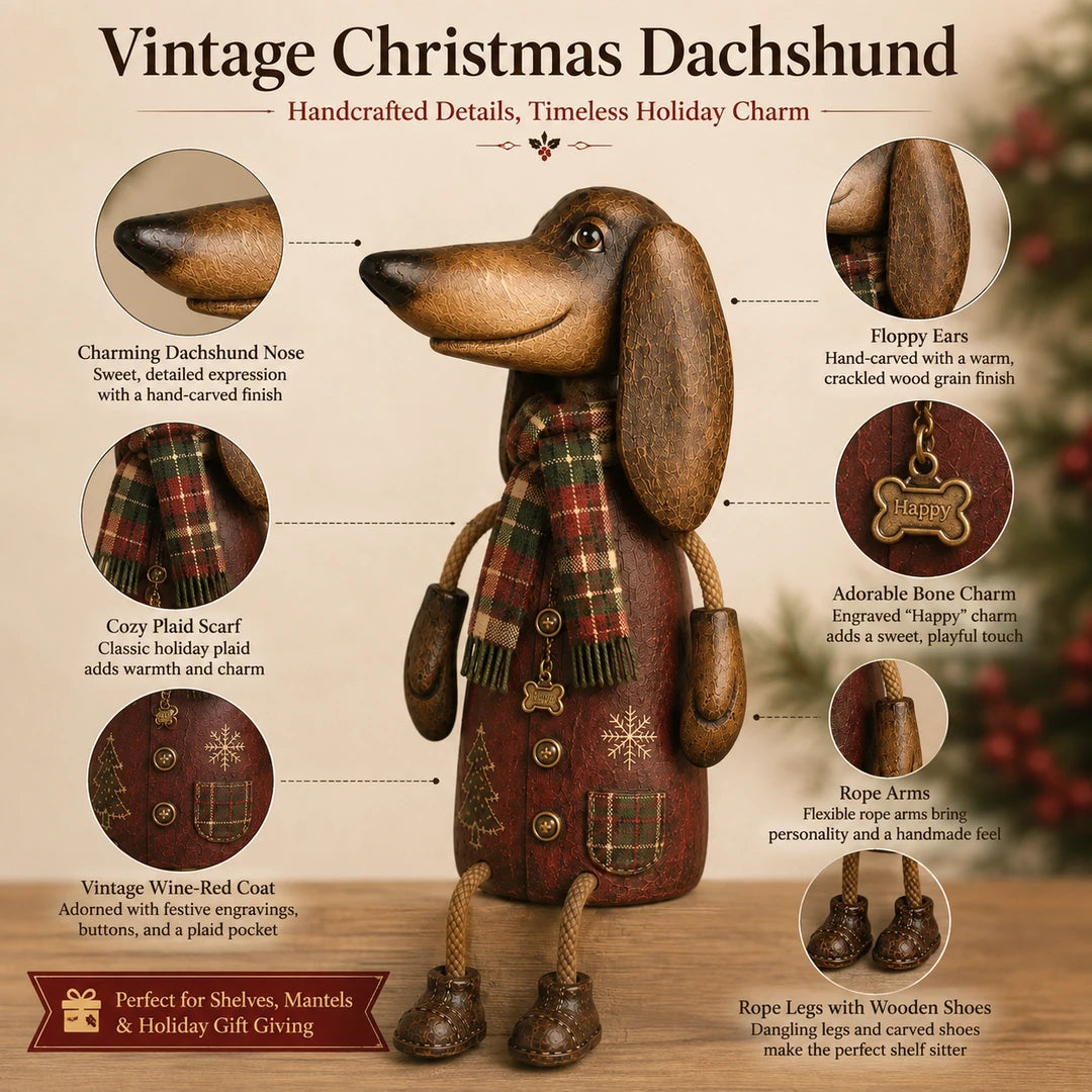 Close-up feature details of the Vintage Christmas Dachshund Shelf Sitter