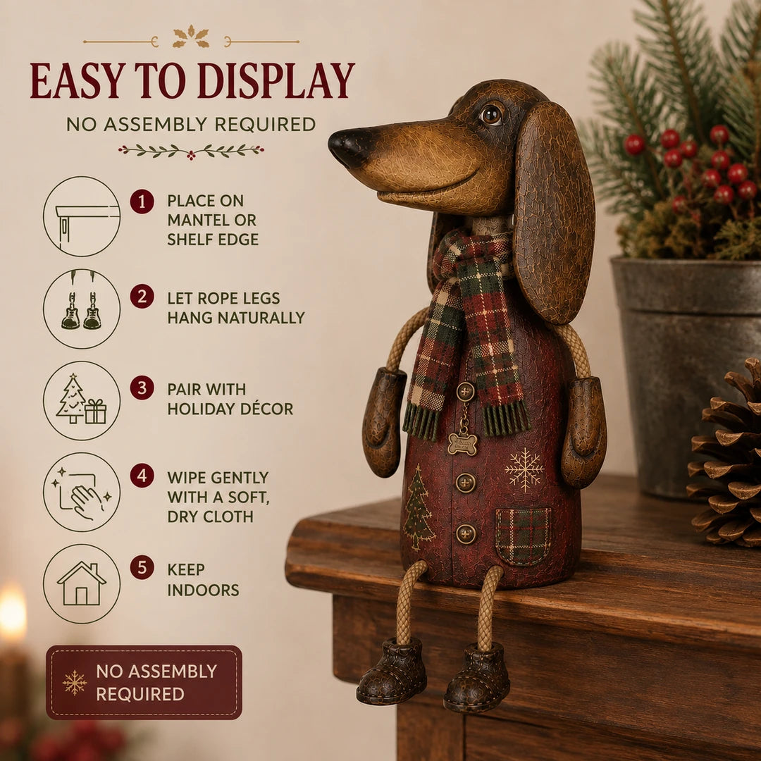 Vintage Christmas Dachshund Shelf Sitter with easy display guidance
