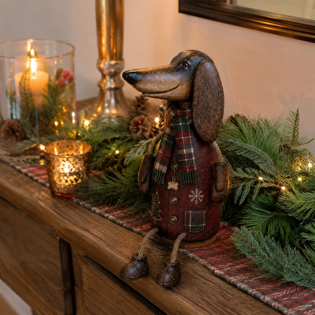 Customer-style image of the dachshund shelf sitter with Christmas garland