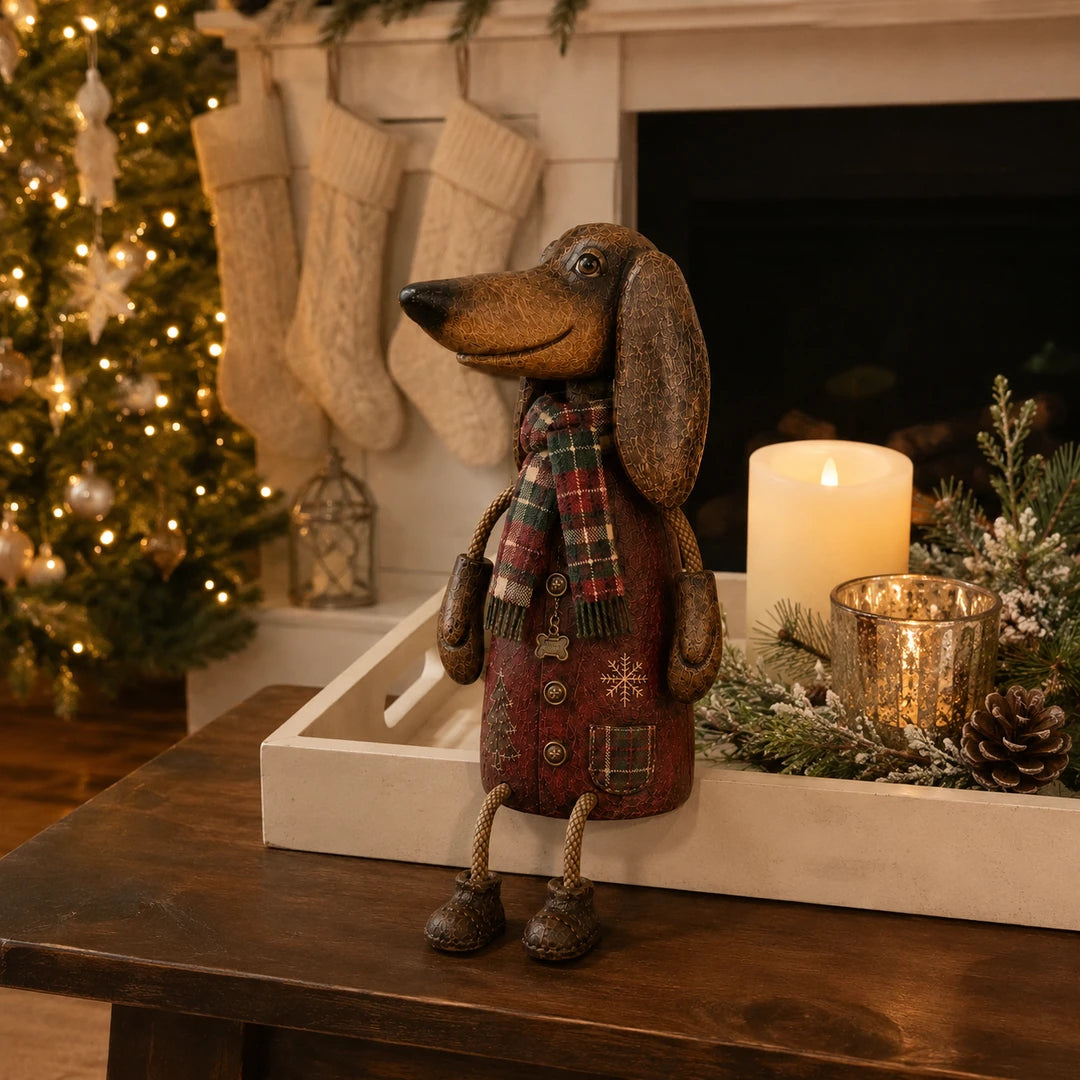 Customer-style image of the dachshund shelf sitter on a holiday tray near a fireplace
