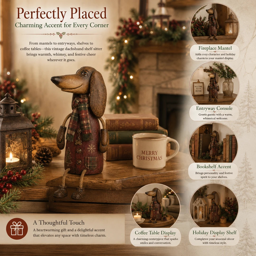 Vintage Christmas Dachshund Shelf Sitter shown in multiple display locations