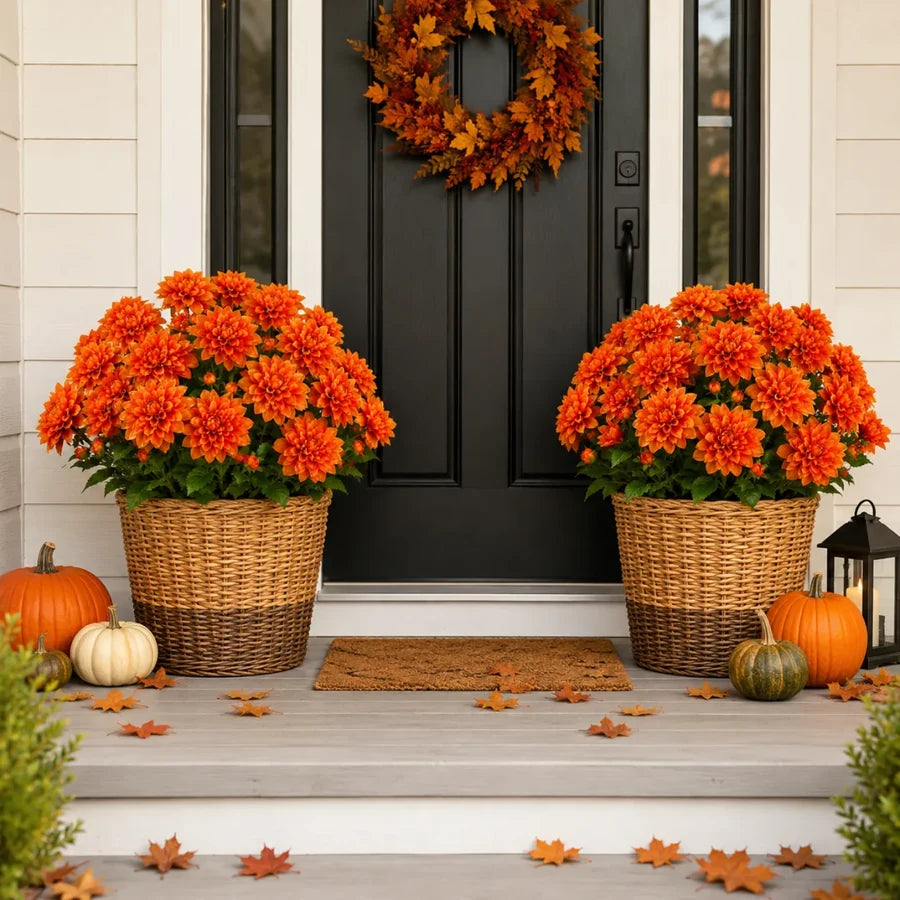 Matching orange dahlia arrangements on both sides of a front door