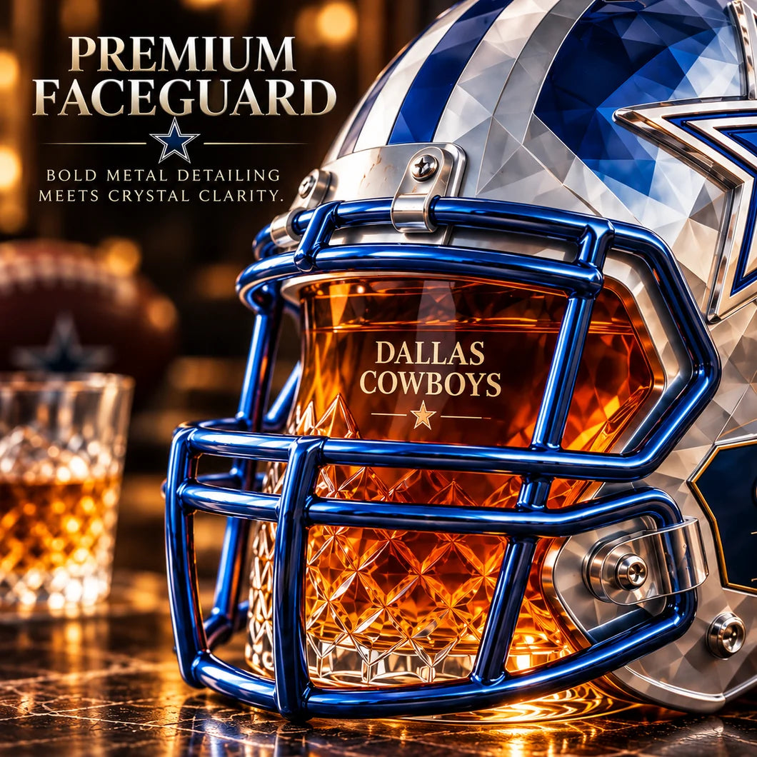 Blue metallic-look faceguard and faceted surface of the helmet decanter