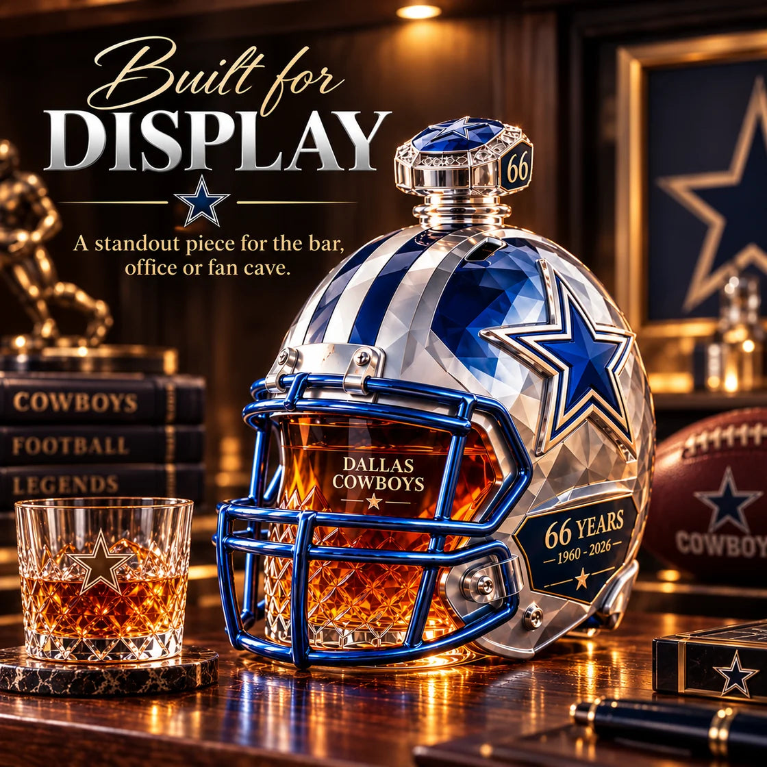Silver and blue helmet decanter displayed beside a tumbler in a home bar setting