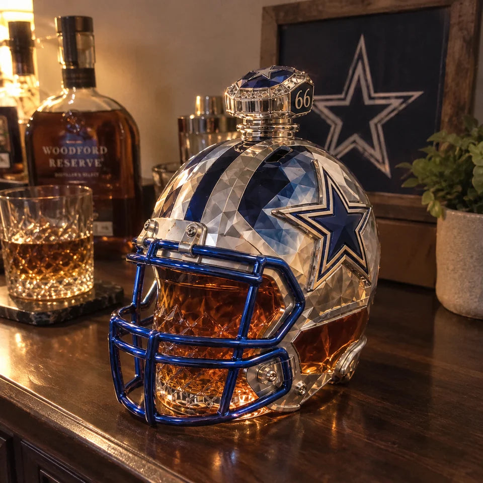 Helmet decanter displayed on a home bar beside a whiskey glass