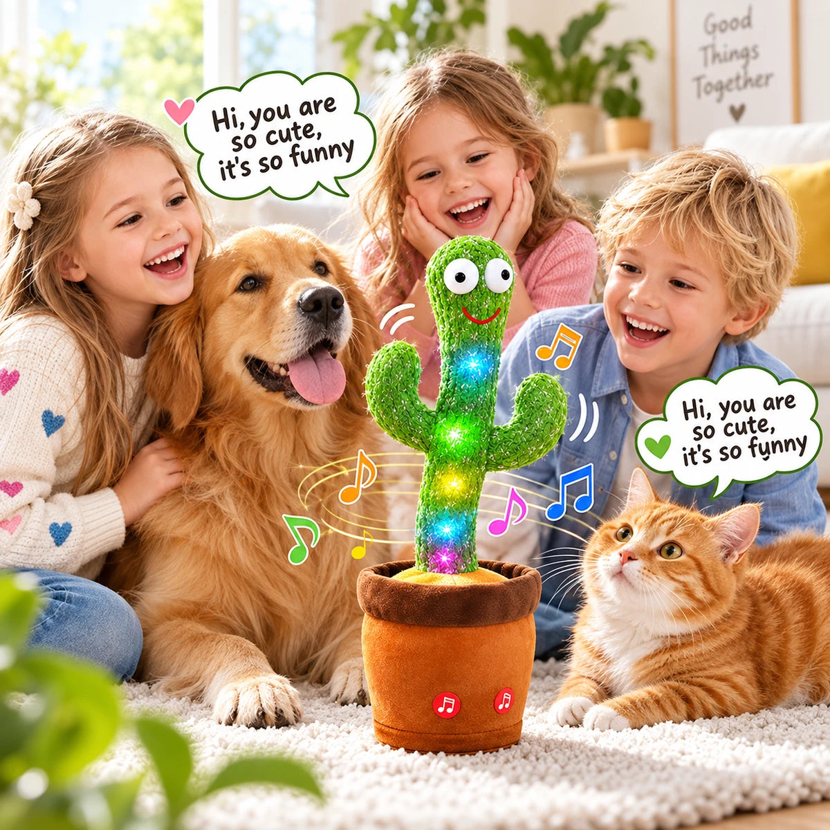Children and pets playing around dancing cactus toy