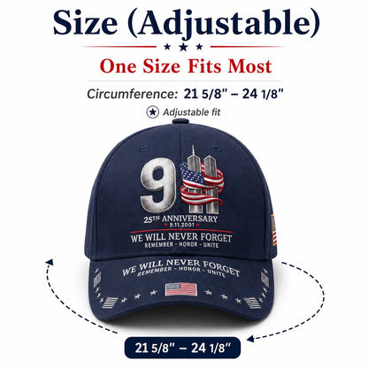 🇺🇸 9/11 25th Anniversary “We Will Never Forget” Memorial Embroidered Cap