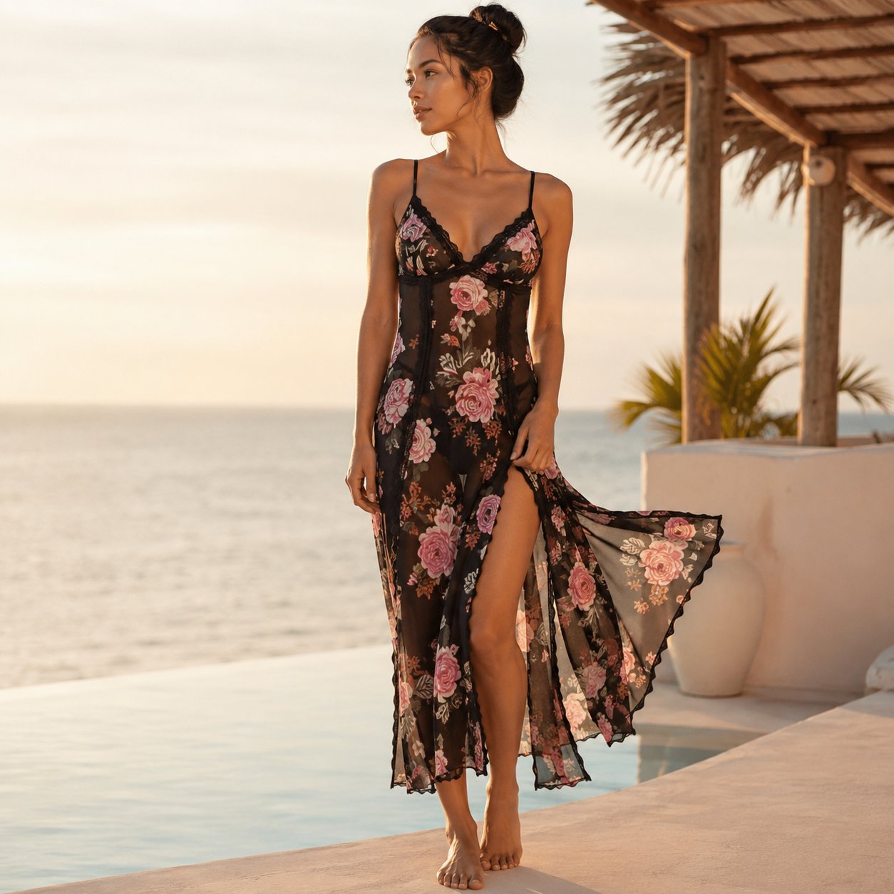 Sheer Floral Rose Print Maxi Dress