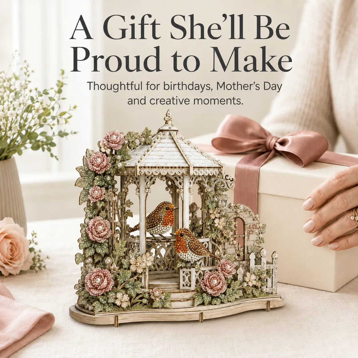 🐦3D Pearl & Diamond Art DIY Kit｜Vintage English Garden Gazebo Wooden Craft Kit