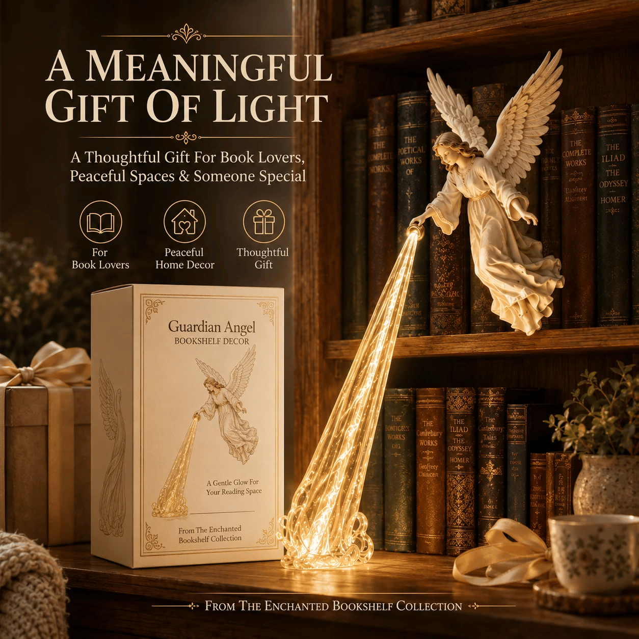 🎁 Celestial Guardian – Angel Light Beam Bookshelf Decor