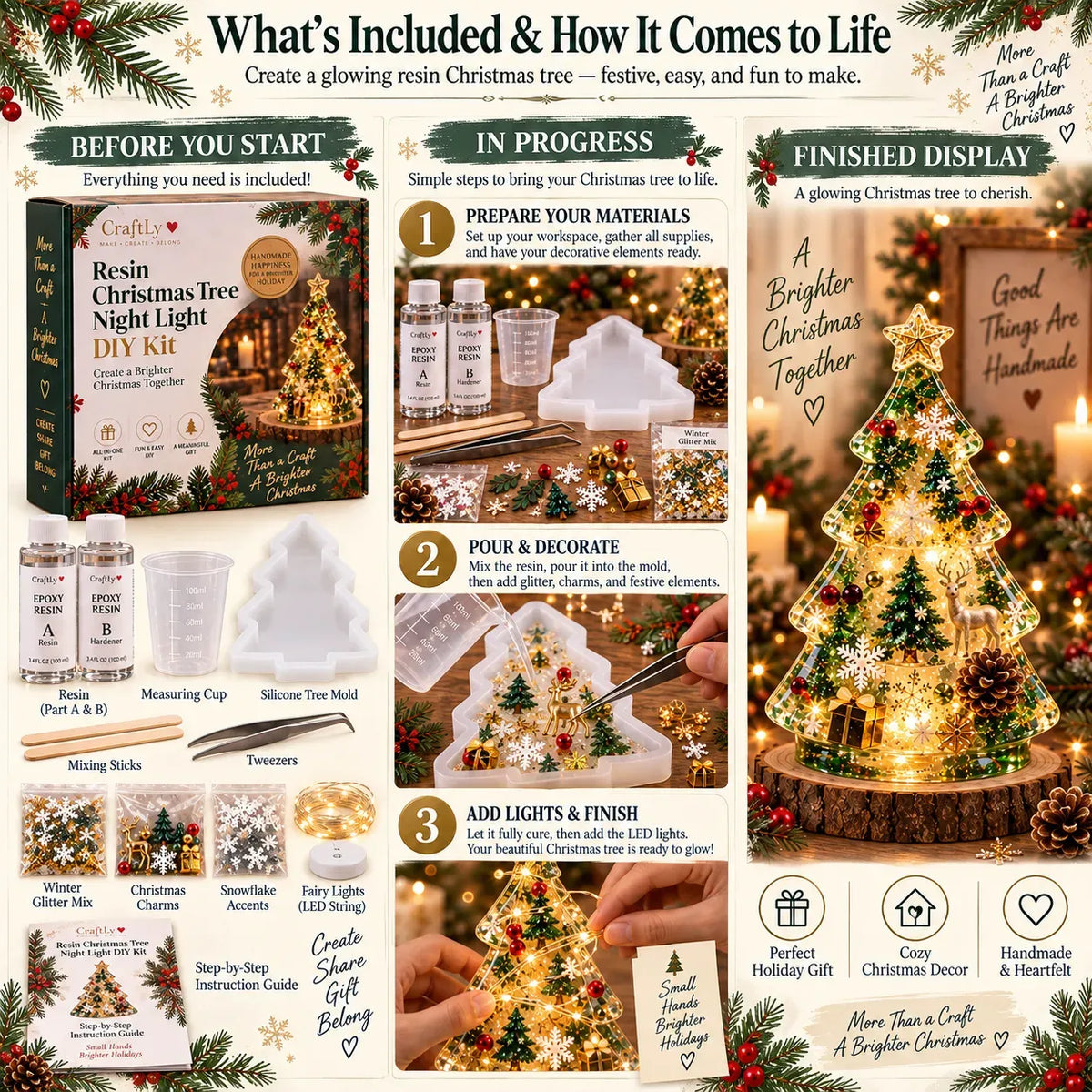 🎄✨ DIY Christmas Glow Tree – Beginner-Friendly Resin Craft Kit with Lights & Festive Decorations