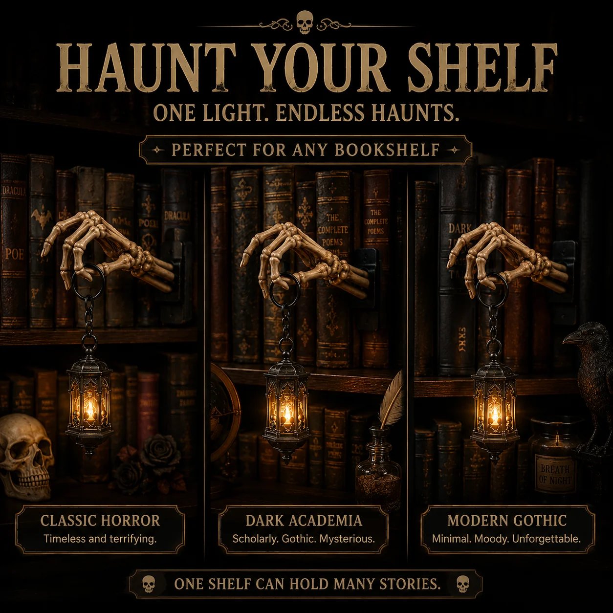 ⏳ Last Day 49% OFF – 💀 Skeleton Hand Lantern Bookshelf Light | Battery-Powered Gothic Shelf Décor with Warm Amber LED, Cord-Free Design & No-Tool Setup 🕯️