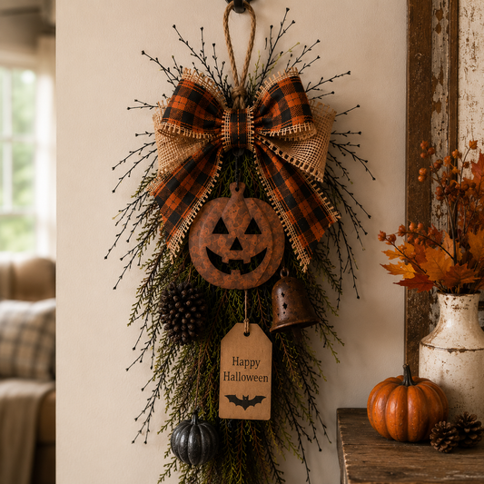 🎃🍂 Rustic Halloween Pumpkin Door Swag – Plaid Bow & Bell Hanging Décor