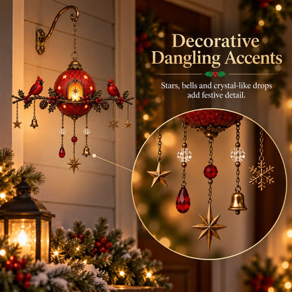Illuminated Christmas hanging ornament with red cardinals – Festive wall decoration with warm light