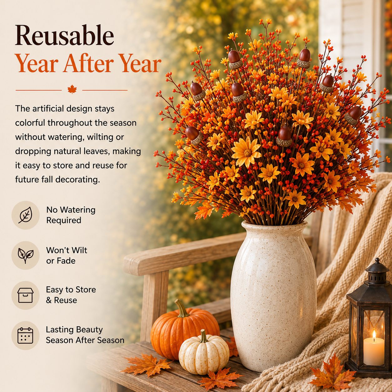 3-Piece Artificial Fall Acorn Floral Stem Set – 16.5-Inch Rustic Autumn Picks