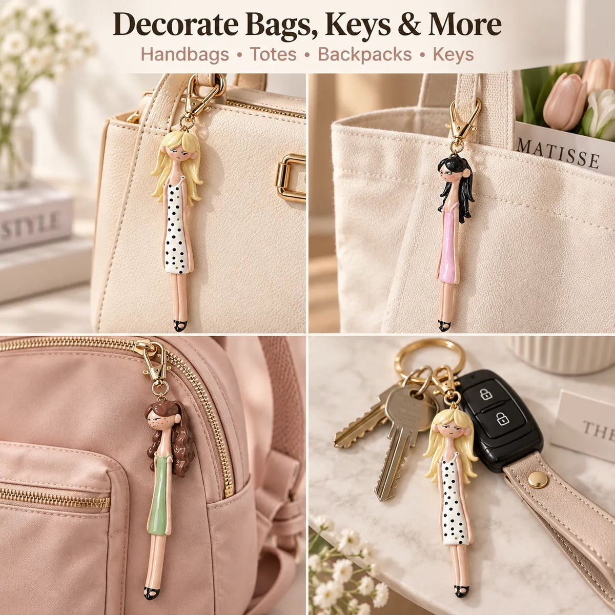 👜✨ Fashion Doll Bag Charms — 3 Stylish Designs to Add Personality to Your Favorite Bag!