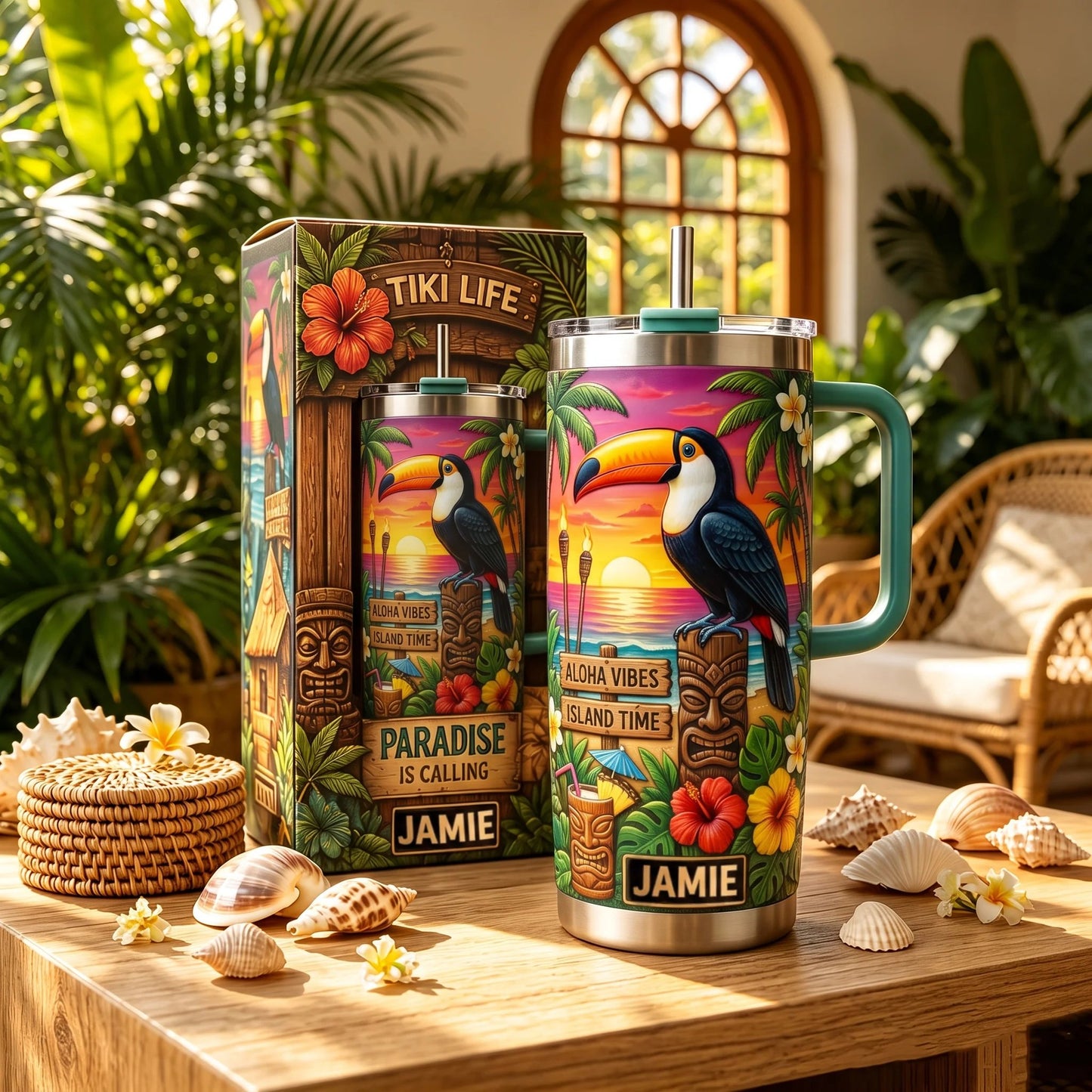 🌺🦜 Personalized Tiki Life Toucan Tumbler