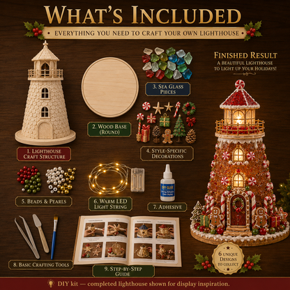 🎄Beginner-Friendly DIY Lighted Christmas Character Sea Glass-Style Lighthouse Kit Collection | Complete Kit with Sea Glass-Style Pieces, LED Lights & Step-by-Step Guide Included 💕