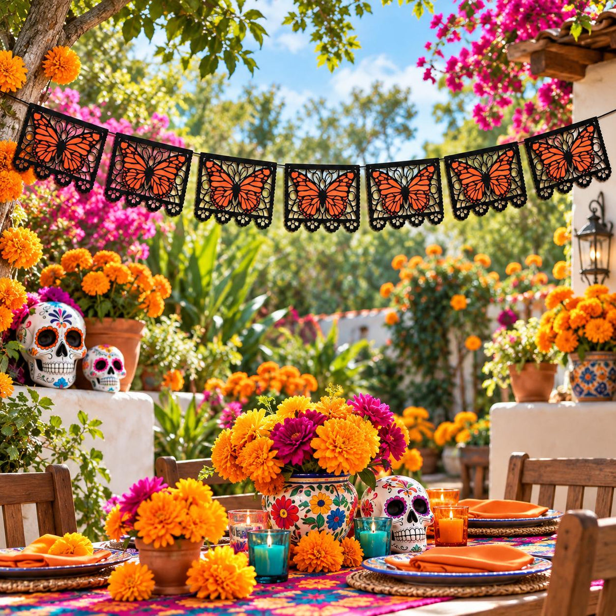 🔥LAST DAY 50% OFF - 🦋 Monarch Butterfly Día de los Muertos Banner | 9.8FT Black & Orange Papel Picado-Style Garland 🌺
