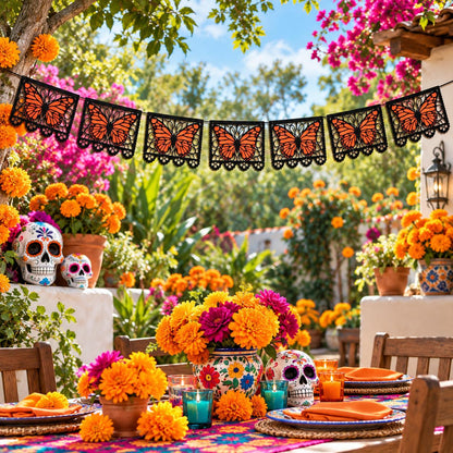 🔥LAST DAY 50% OFF - 🦋 Monarch Butterfly Día de los Muertos Banner | 9.8FT Black & Orange Papel Picado-Style Garland 🌺