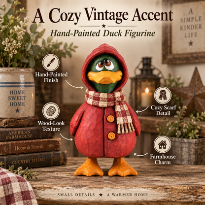 Rustic Wooden Duck Figurine with Scarf, Hand-Painted Farmhouse Animal Decor