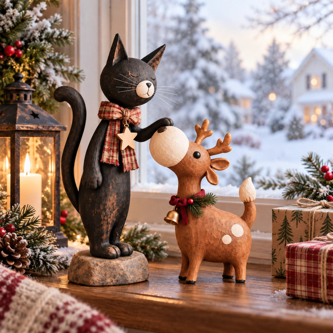Christmas cat and reindeer on a winter windowsill beside wrapped gifts