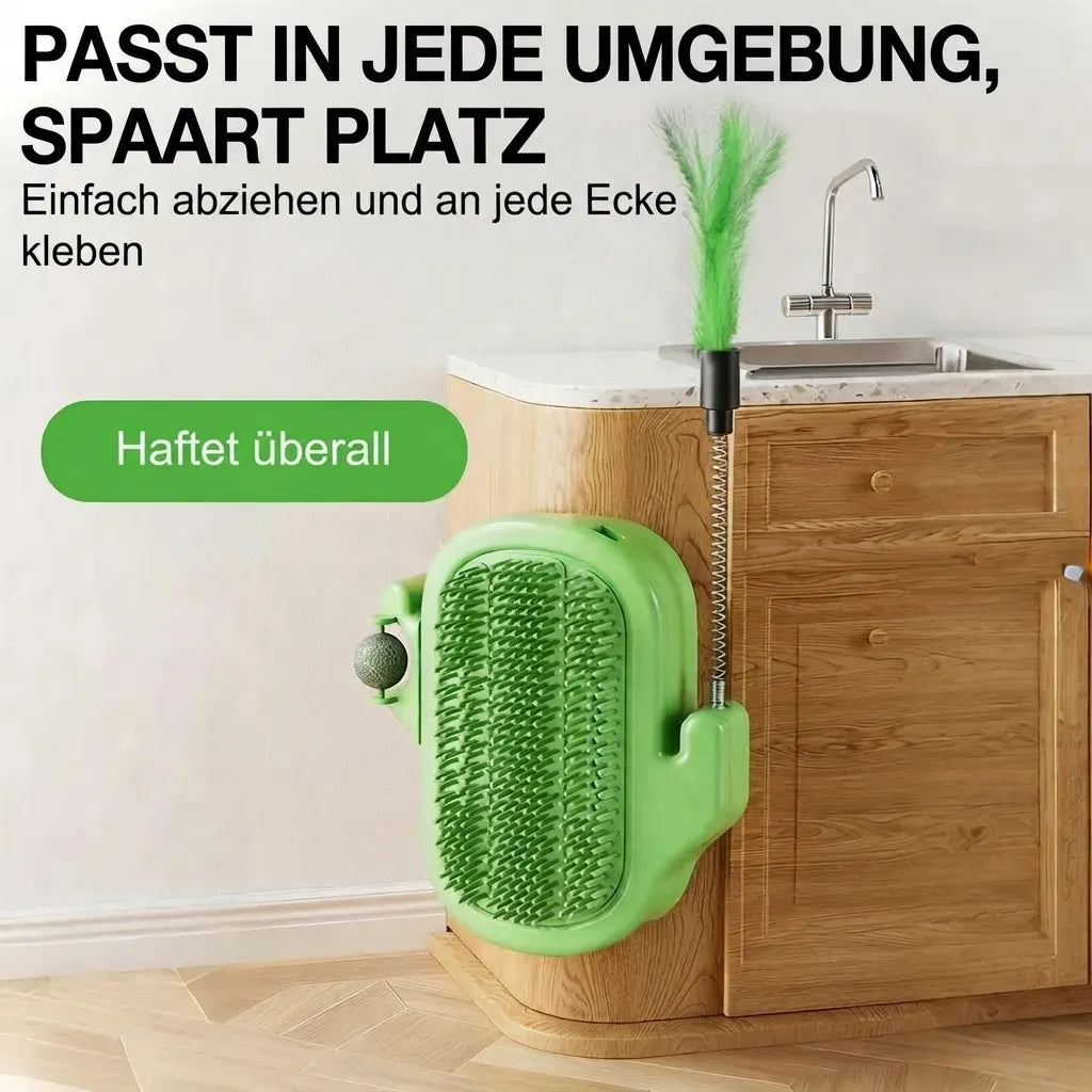 3-in-1-Eck-Massagebürste für Katzen | Wandmontierbare Kratz- und Massagehilfe mit Spielstab (mit Glöckchen) & optionalem Katzenminze-Ball