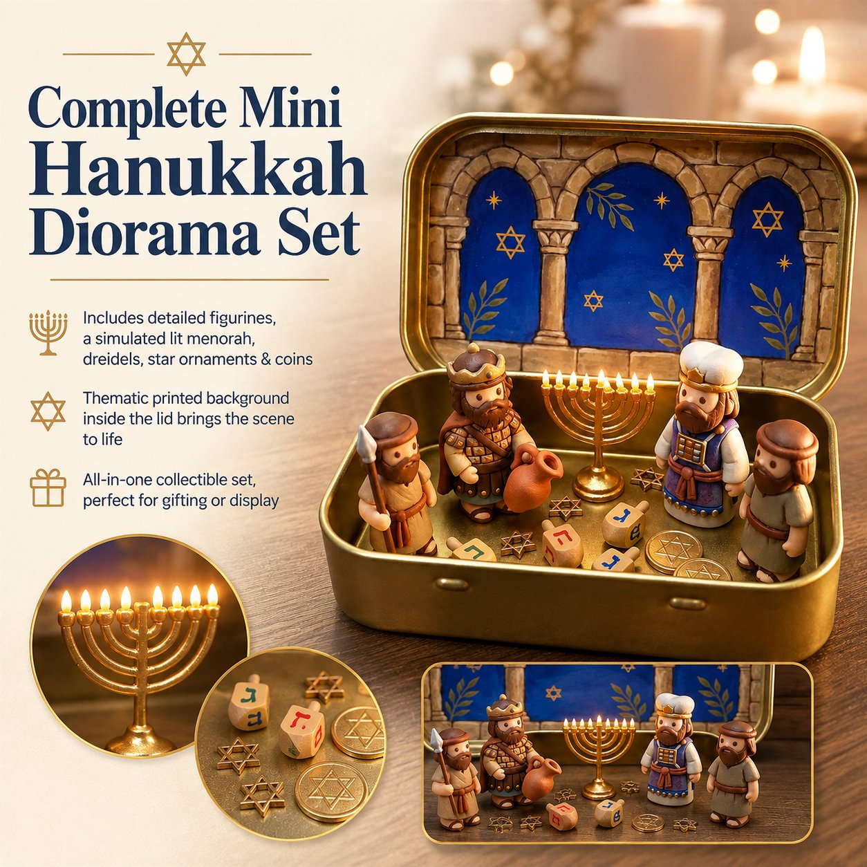 Council by Candlelight - A Miniature Hanukkah Menorah Diorama in a Golden Keepsake Tin