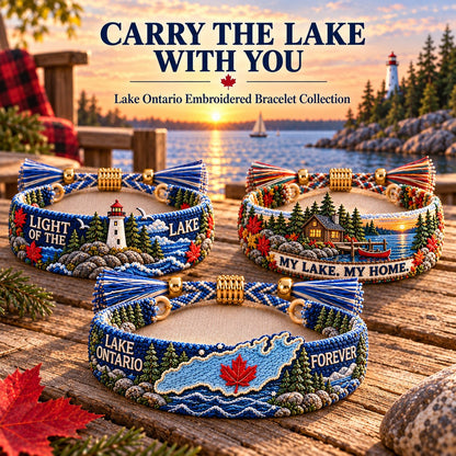 🌊 Lake Ontario Forever Embroidered Bracelet | Scenic Lake Design with Adjustable Woven Band, Meaningful Message & Gift-Ready Keepsake Box 🍁